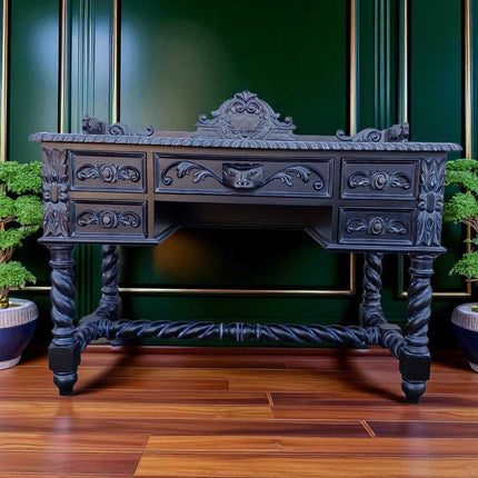 BERNARD MAHOGANY WOOD CARVED DESK ☆ Black