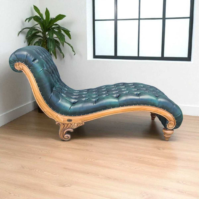 Morsana Chaise Walnut & Green Faux leather